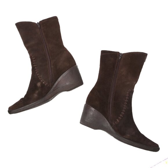 Aquatalia Suede Wedge Boots Winter Brown Y2K Square Toe Warm Lined Size Zip - Picture 12 of 12